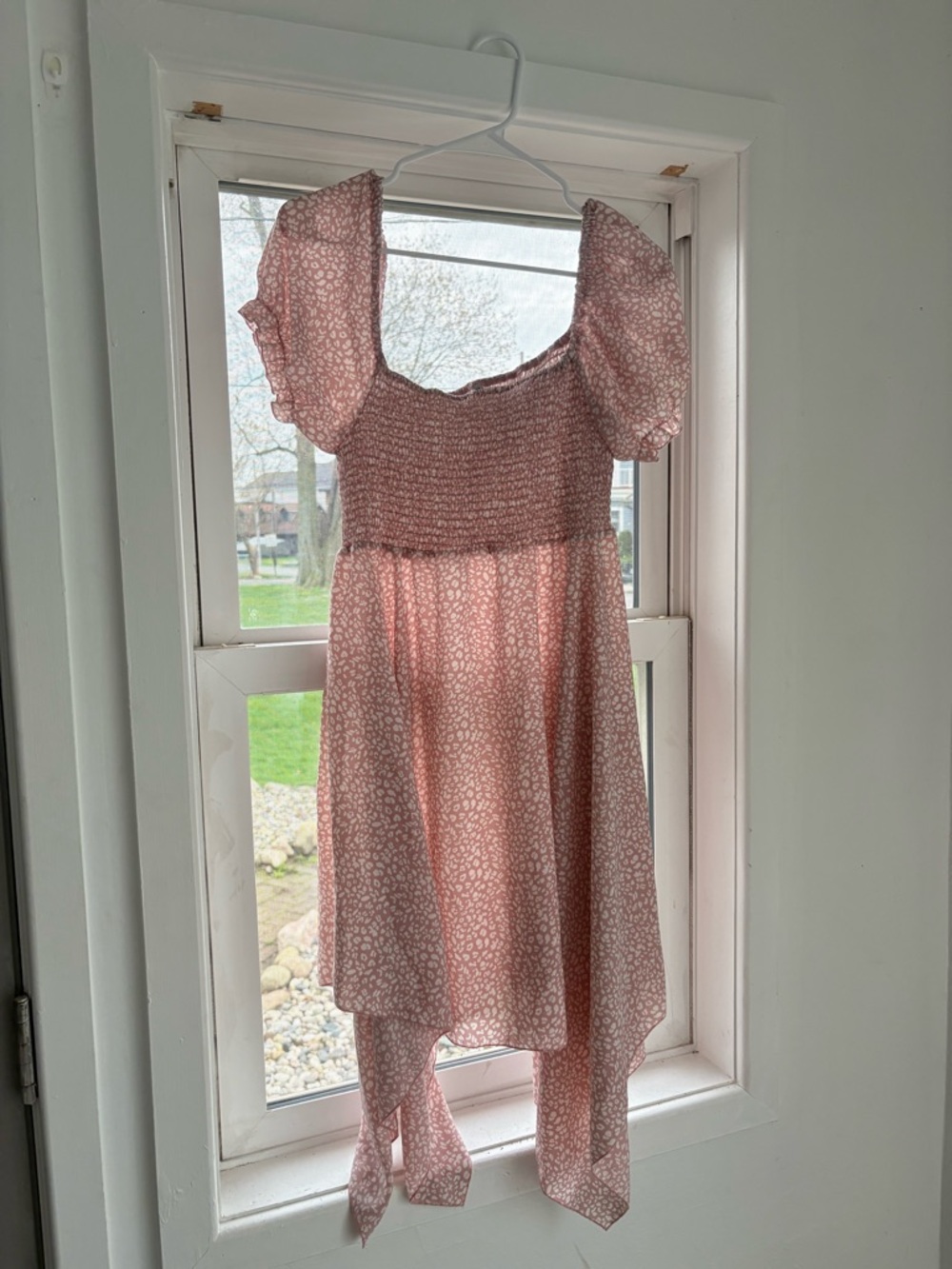 Smocked Pink Floral Midi Dress with Puff Sleeves and Handkerchief Hem